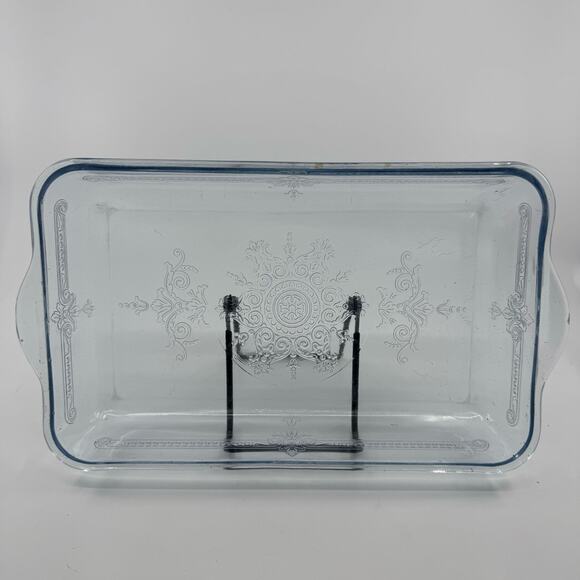 Vintage Fire King Small Glass Bakers Light Blue & Clear Glass w/ Embossed Flower - Picture 2 of 8